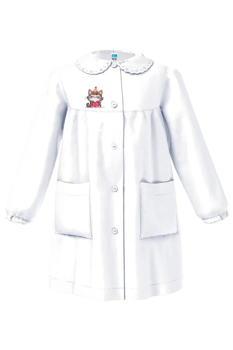 Grembiule asilo bambina Bianco con abbottonatura centrale Siggi ricamo Gattino 4330