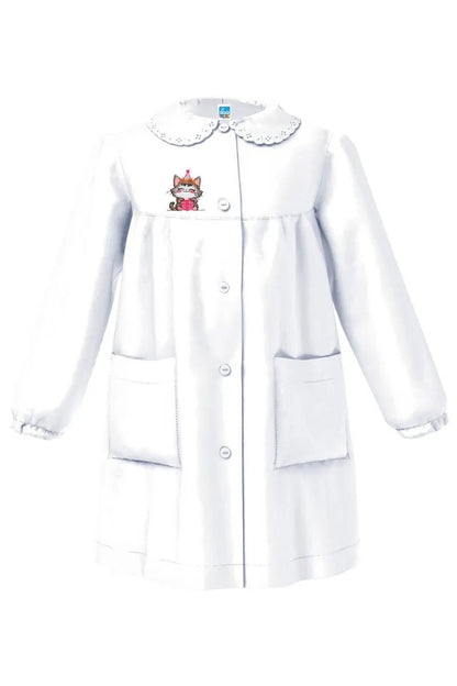 Grembiule asilo bambina Bianco con abbottonatura centrale Siggi ricamo Gattino 4330