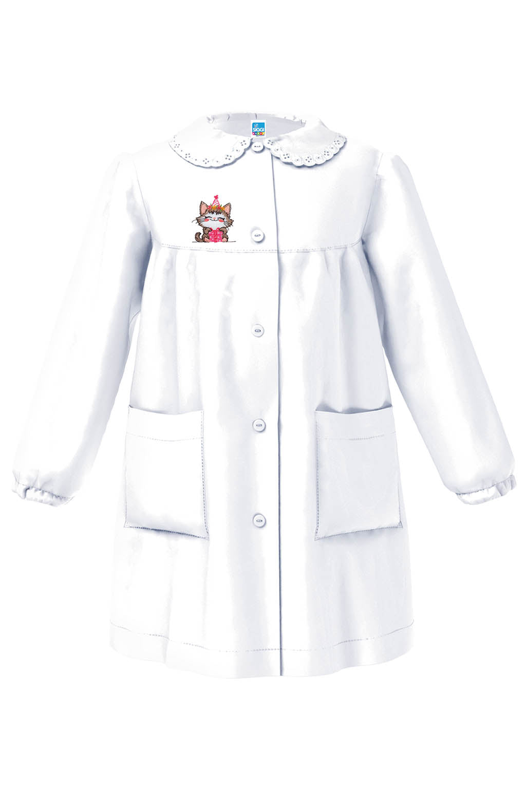 Grembiule asilo bambina Bianco con abbottonatura centrale Siggi ricamo Gattino 4330
