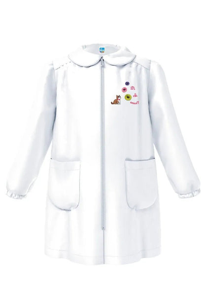 Grembiule asilo bambina Bianco con zip centrale Siggi ricamo Gattino 4338
