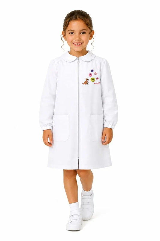 Grembiule asilo bambina Bianco con zip centrale Siggi ricamo Gattino 4338