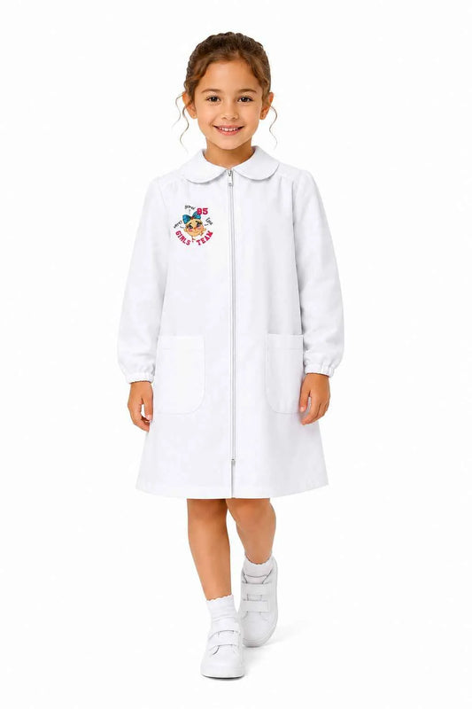 Grembiule asilo bambina Bianco con zip centrale Siggi ricamo Girls Team 4336