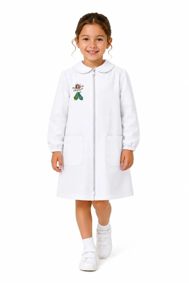 Grembiule asilo bambina Bianco con zip centrale Siggi ricamo Hippy 4337