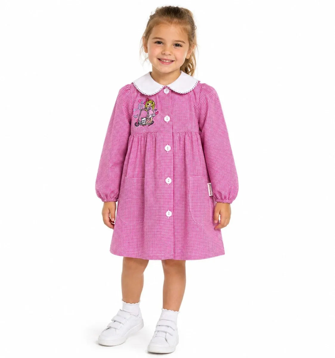 Grembiule asilo bambina Quadretti Rosa con abbottonatura centrale Ambrosino ricamo Smile S304