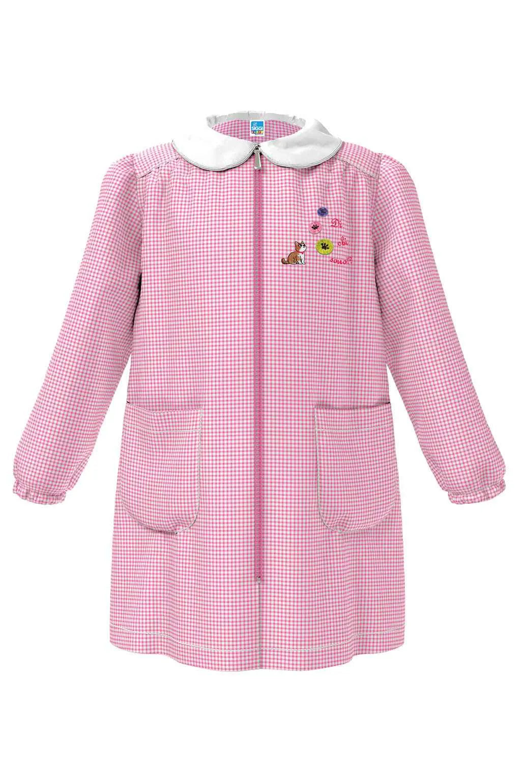 Grembiule asilo bambina Quadretti Rosa con zip centrale Siggi ricamo Gattino 4338