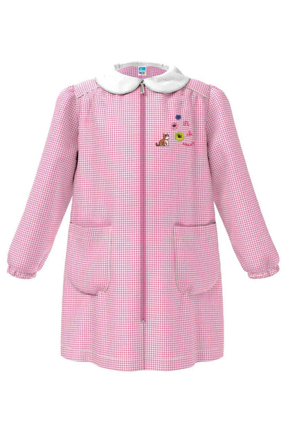 Grembiule asilo bambina Quadretti Rosa con zip centrale Siggi ricamo Gattino 4338