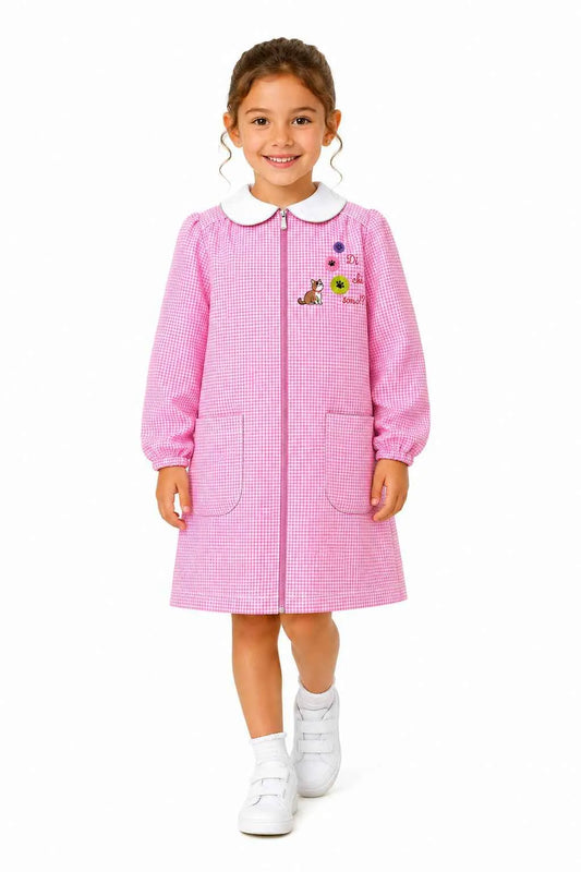 Grembiule asilo bambina Quadretti Rosa con zip centrale Siggi ricamo Gattino 4338