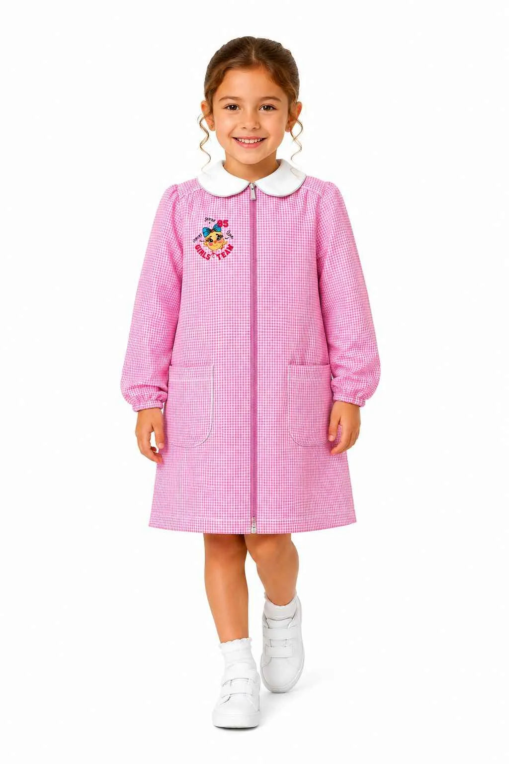 Grembiule asilo bambina Quadretti Rosa con zip centrale Siggi ricamo Girls Team 4336