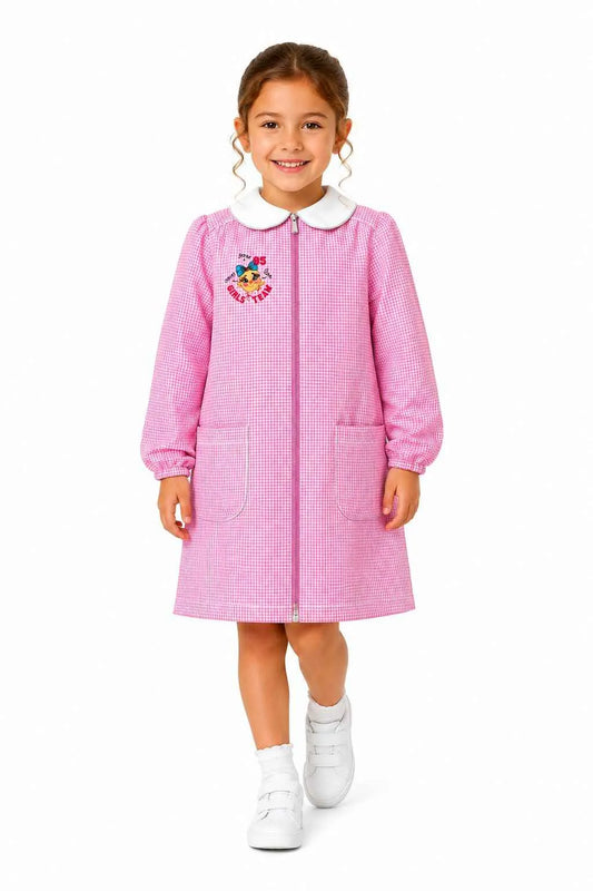 Grembiule asilo bambina Quadretti Rosa con zip centrale Siggi ricamo Girls Team 4336