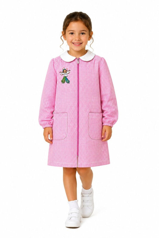 Grembiule asilo bambina Quadretti Rosa con zip centrale Siggi ricamo Hippy 4337