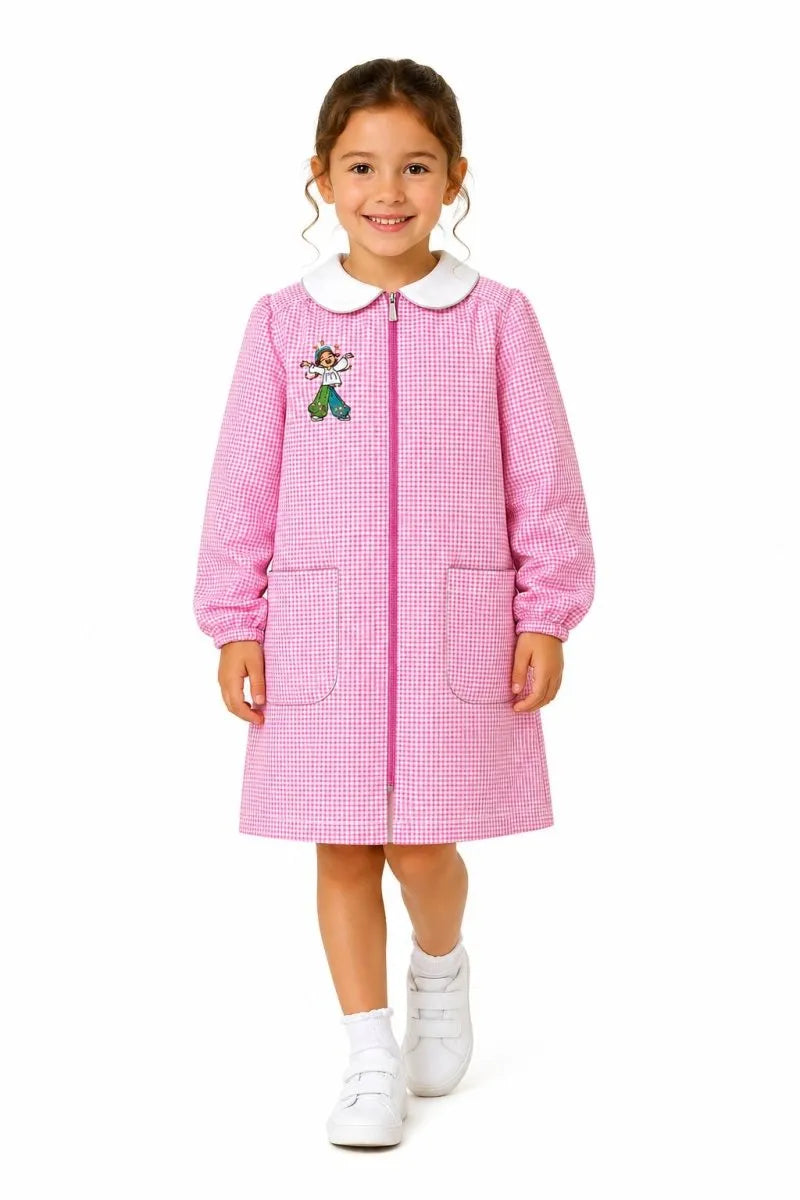 Grembiule asilo bambina Quadretti Rosa con zip centrale Siggi ricamo Hippy 4337