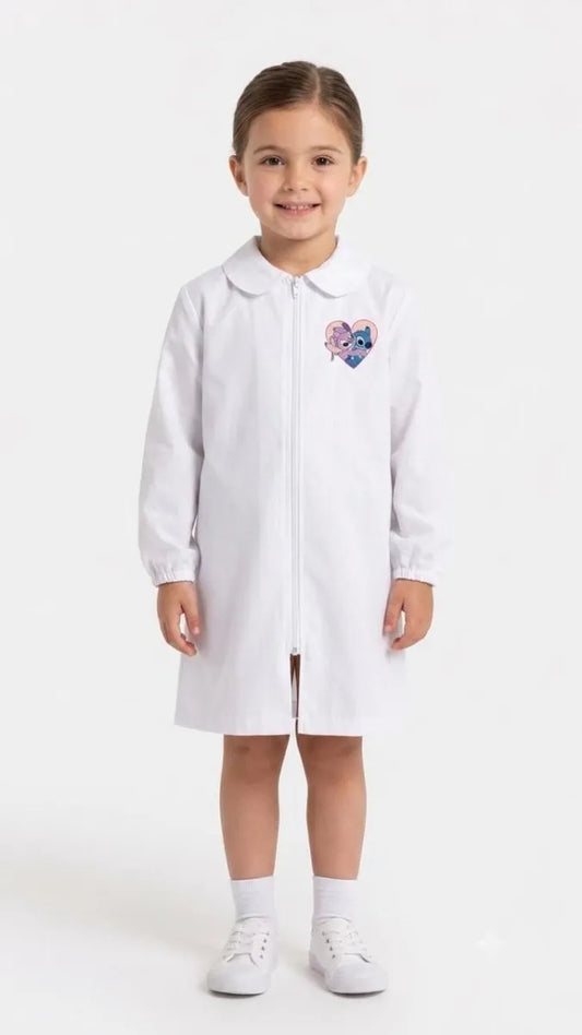 Grembiule asilo bambina bianco con Zip ricamo Disney Stitch G107ZIPA26