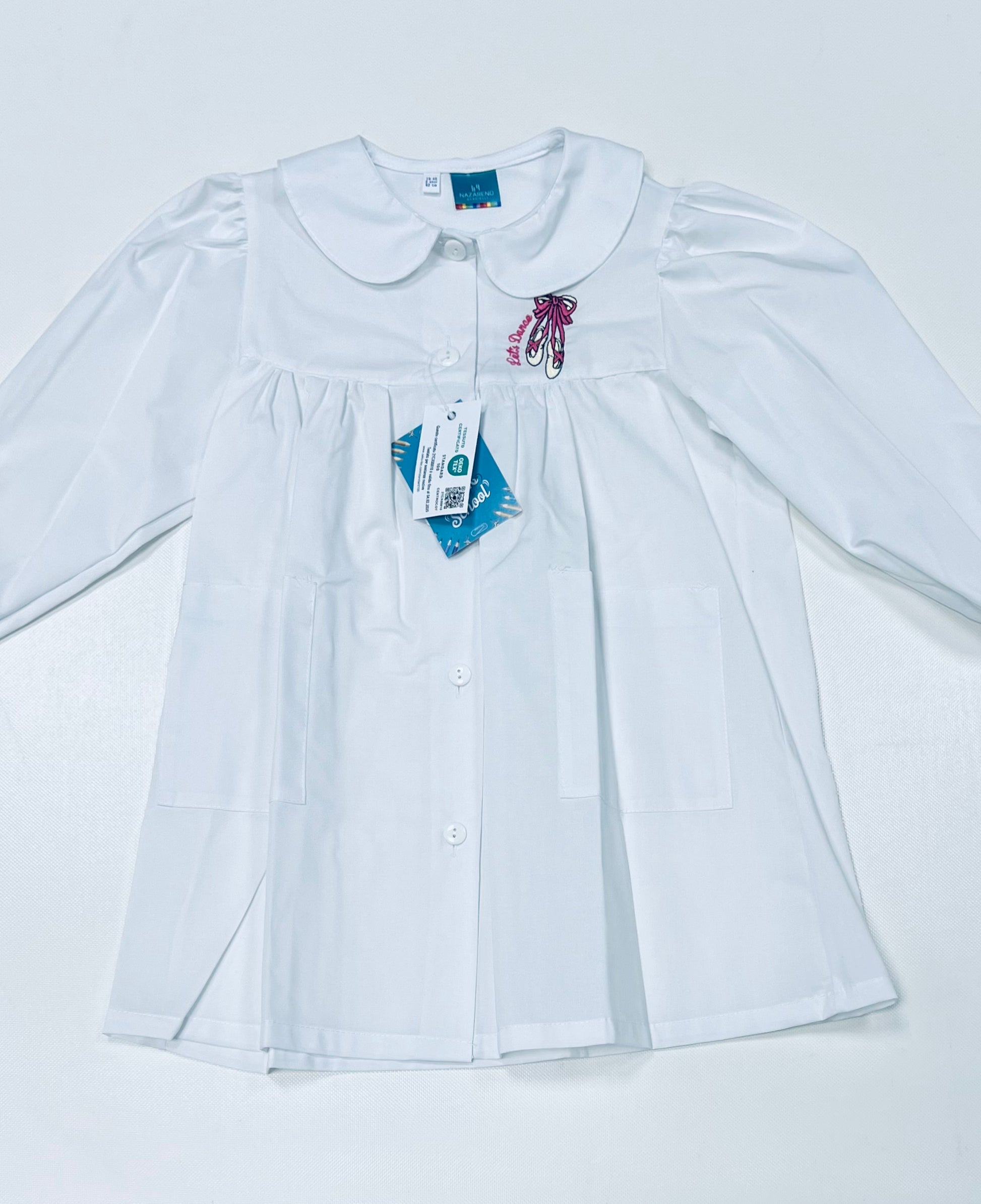 Grembiule asilo bambina bianco con abbottonatura centrale Nazareno Gabrielli ricamo Dance 0745