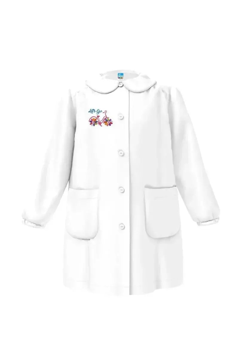 Grembiule asilo bambina con abbottonatura centrale Siggi made in Italy ricamo Bici 3569