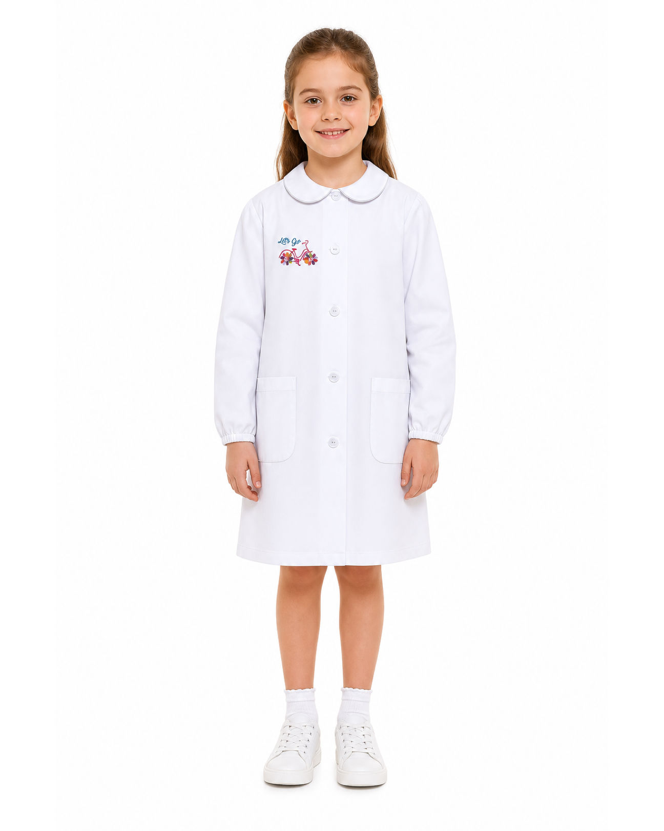 Grembiule asilo bambina con abbottonatura centrale Siggi made in Italy ricamo Bici 3569