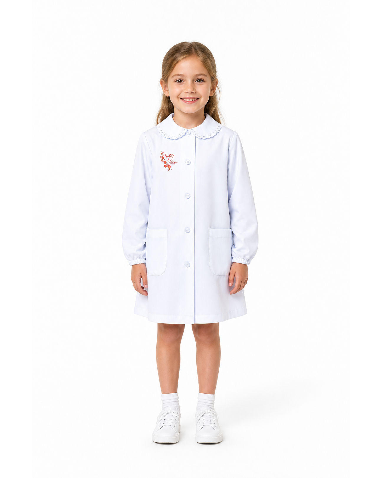 Grembiule asilo bambina con abbottonatura centrale Siggi made in Italy ricamo Smile e Love 4030