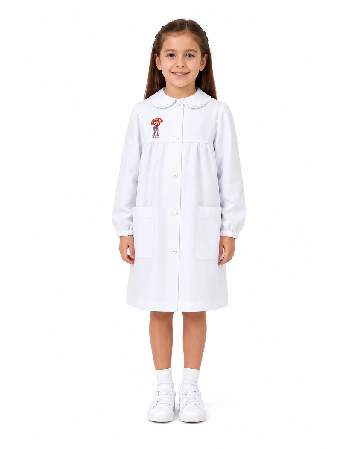 Grembiule asilo bambina con abbottonatura centrale Siggi made in Italy ricamo Treccine 4175