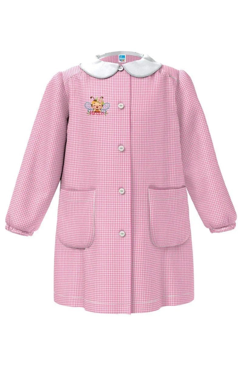 Grembiule asilo bambina con abbottonatura centrale Siggi ricamo Ape a quadretti rosa 4174