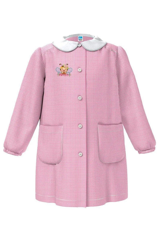 Grembiule asilo bambina con abbottonatura centrale Siggi ricamo Ape a quadretti rosa 4174