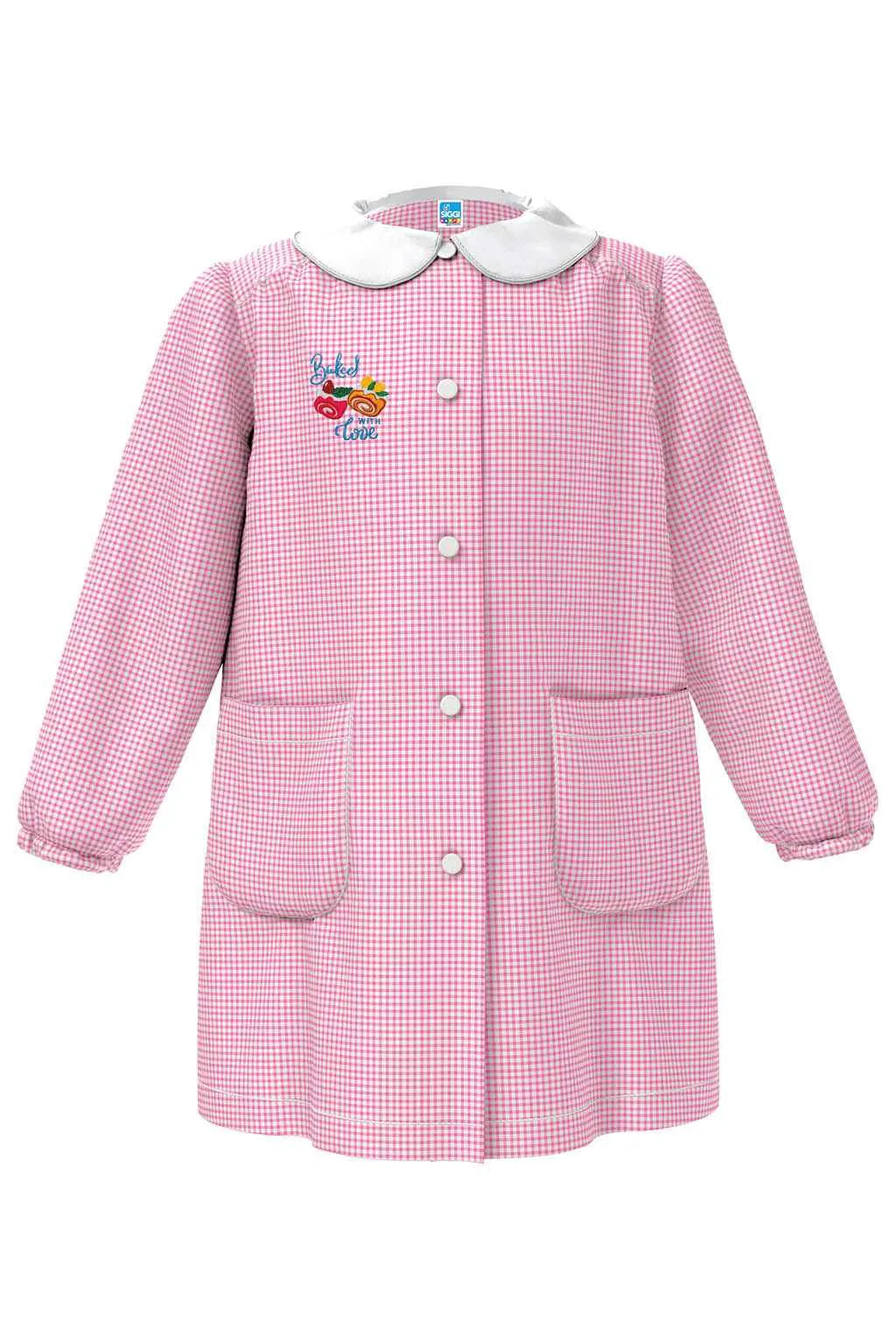 Grembiule asilo bambina con abbottonatura centrale Siggi ricamo Baked With Love quadretti rosa 4334