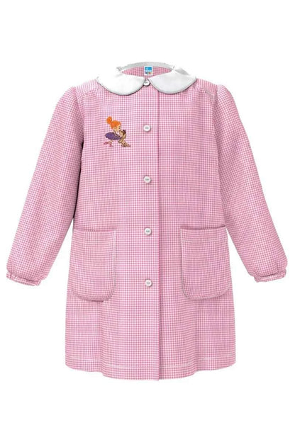 Grembiule asilo bambina con abbottonatura centrale Siggi ricamo Ballerina con bassotto quadretti rosa 4331