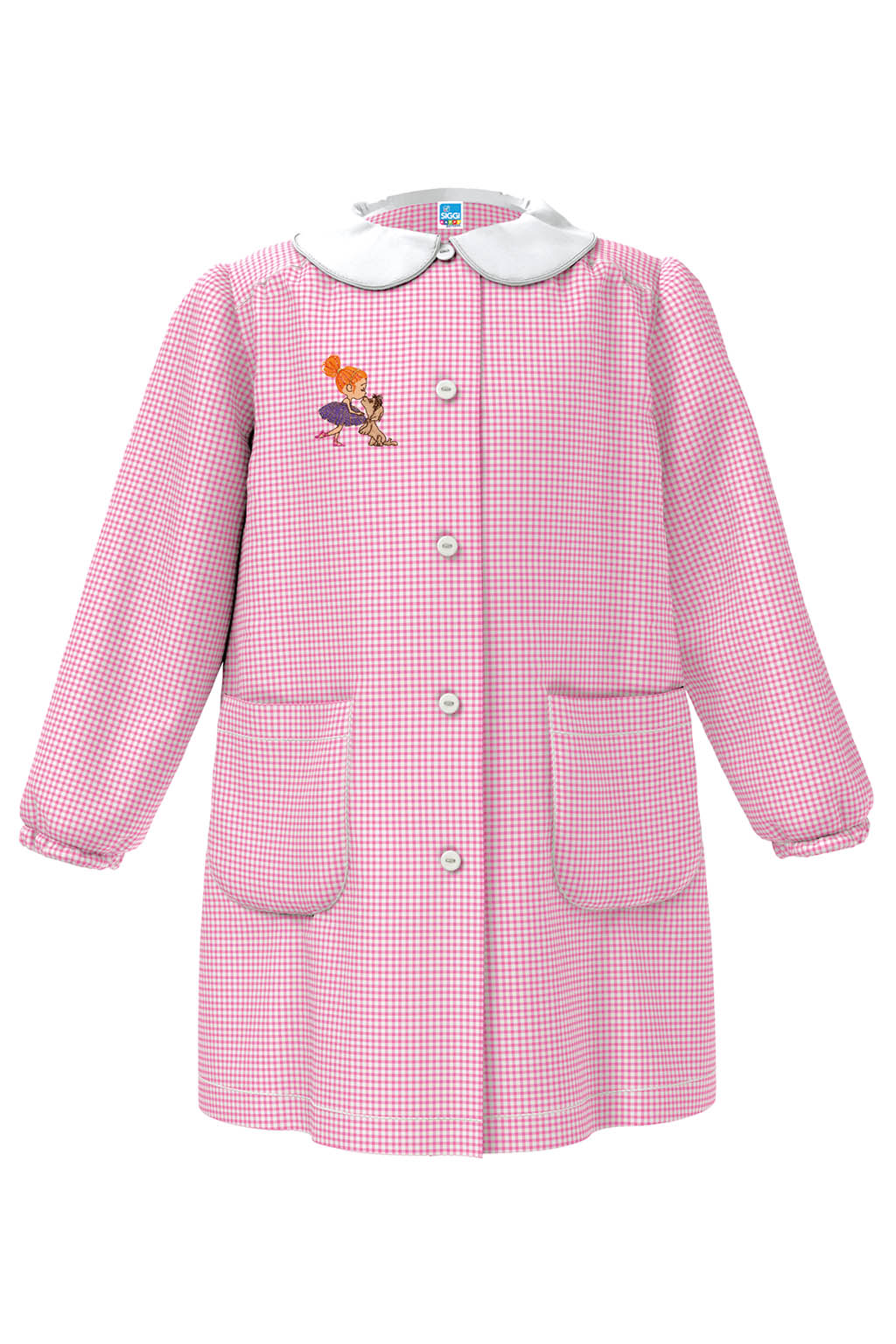 Grembiule asilo bambina con abbottonatura centrale Siggi ricamo Ballerina con bassotto quadretti rosa 4331