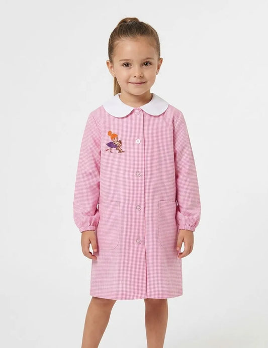 Grembiule asilo bambina con abbottonatura centrale Siggi ricamo Ballerina con bassotto quadretti rosa 4331
