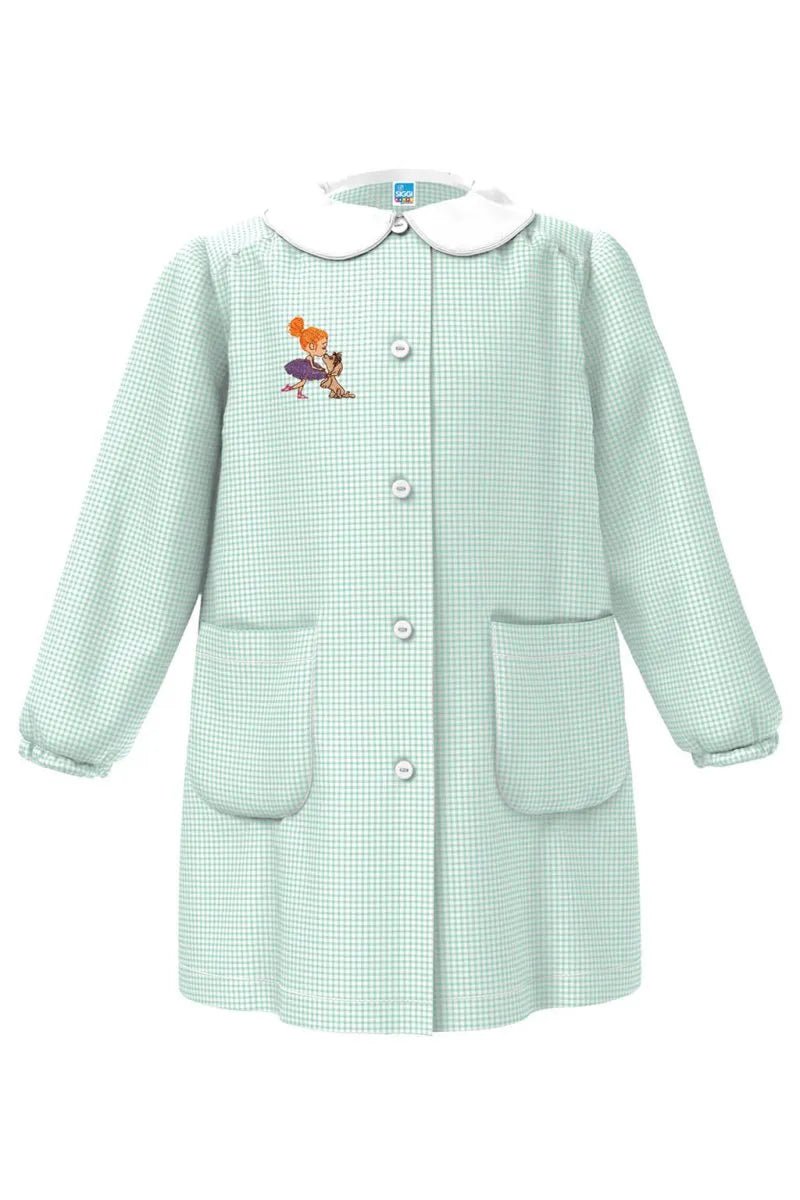 Grembiule asilo bambina con abbottonatura centrale Siggi ricamo Ballerina con bassotto quadretti verdi 4331