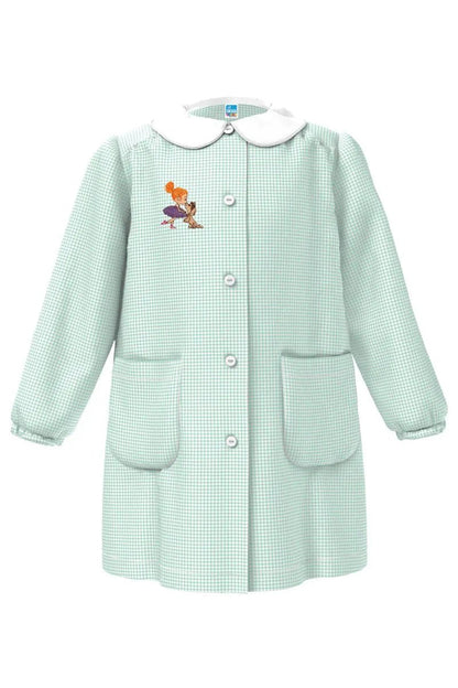 Grembiule asilo bambina con abbottonatura centrale Siggi ricamo Ballerina con bassotto quadretti verdi 4331