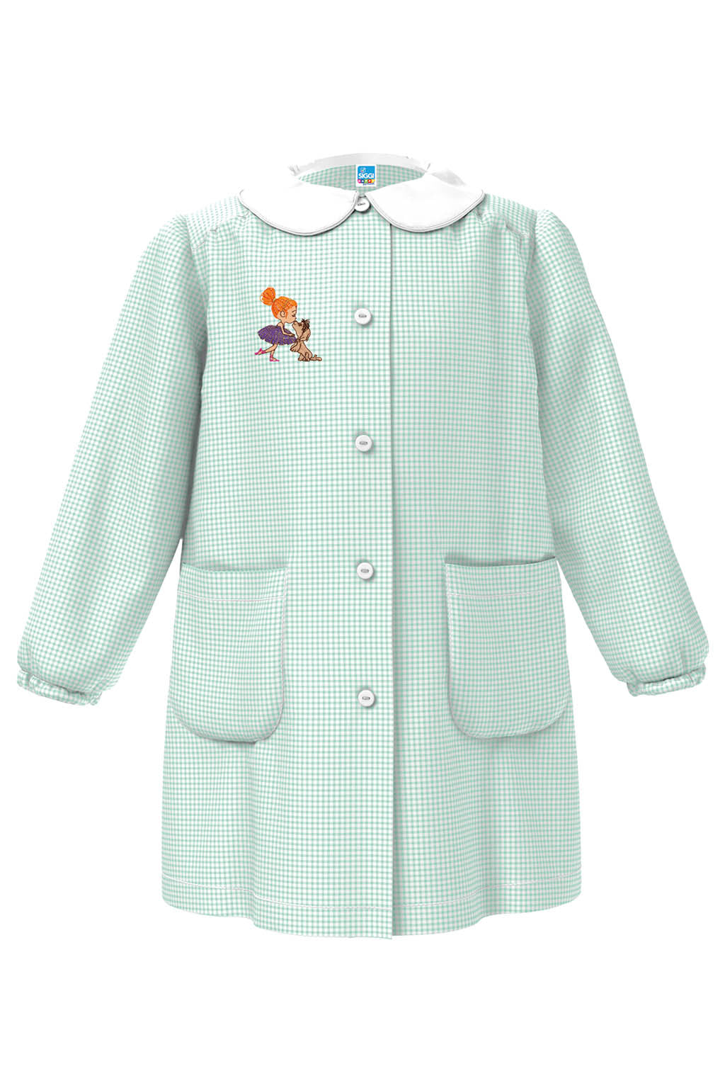 Grembiule asilo bambina con abbottonatura centrale Siggi ricamo Ballerina con bassotto quadretti verdi 4331