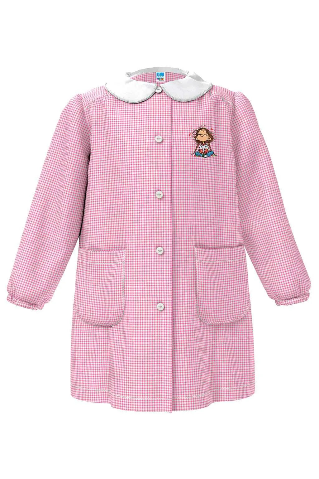 Grembiule asilo bambina con abbottonatura centrale Siggi ricamo Bambina con treccine quadretti rosa 4333
