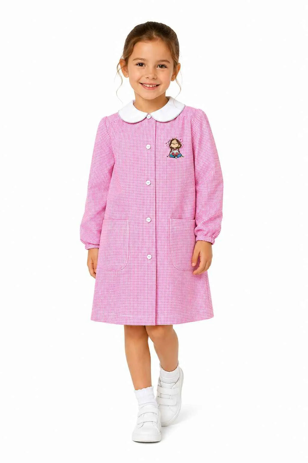 Grembiule asilo bambina con abbottonatura centrale Siggi ricamo Bambina con treccine quadretti rosa 4333