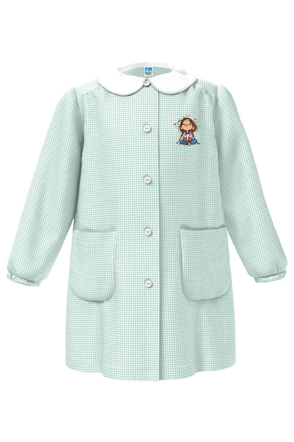 Grembiule asilo bambina con abbottonatura centrale Siggi ricamo Bambina con treccine quadretti verdi 4333