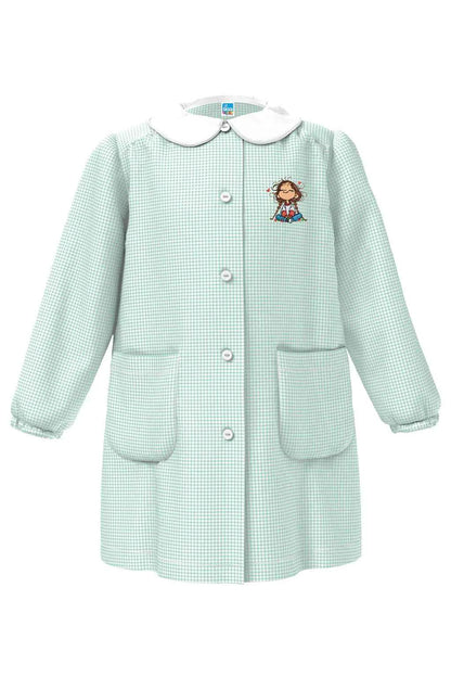 Grembiule asilo bambina con abbottonatura centrale Siggi ricamo Bambina con treccine quadretti verdi 4333