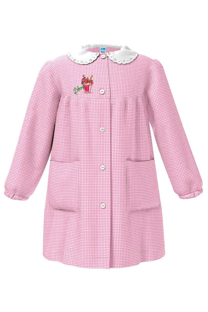 Grembiule asilo bambina con abbottonatura centrale Siggi ricamo Bloom quadretti rosa 4335