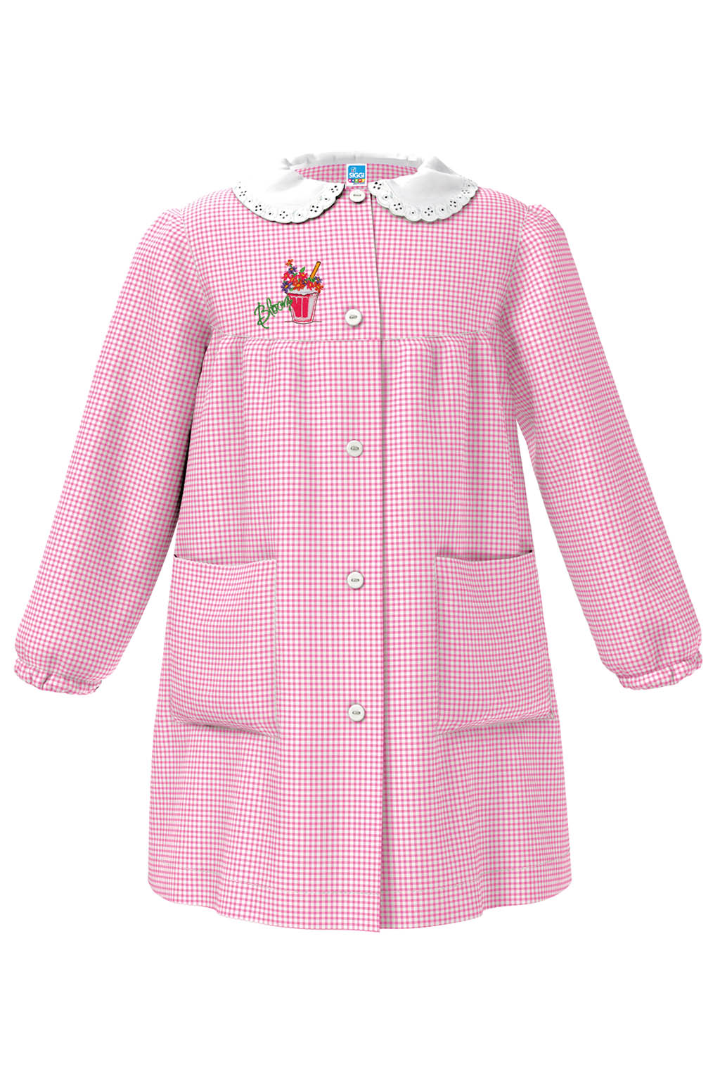 Grembiule asilo bambina con abbottonatura centrale Siggi ricamo Bloom quadretti rosa 4335