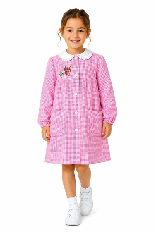 Grembiule asilo bambina con abbottonatura centrale Siggi ricamo Bloom quadretti rosa 4335