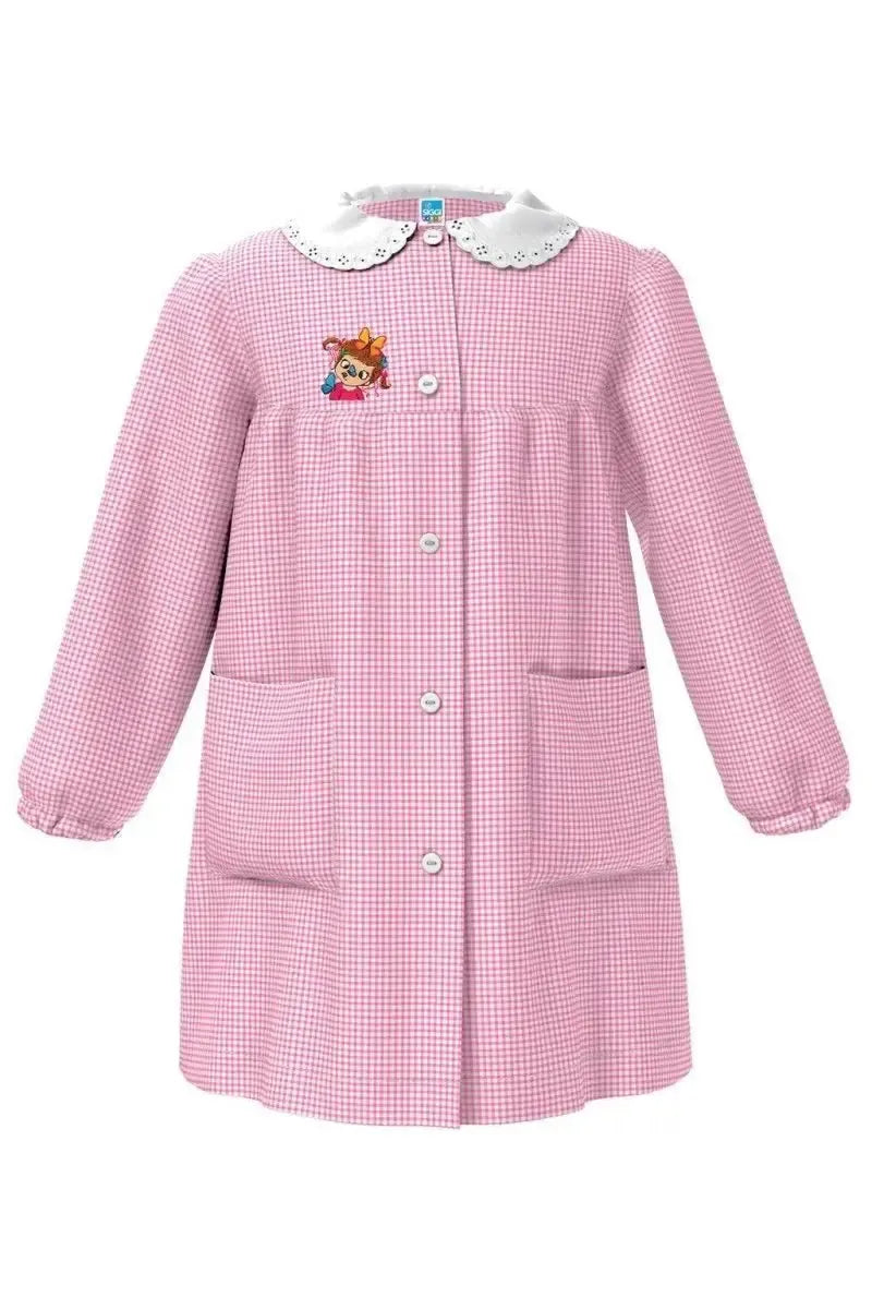 Grembiule asilo bambina con abbottonatura centrale Siggi ricamo Pippi a quadretti rosa 4173