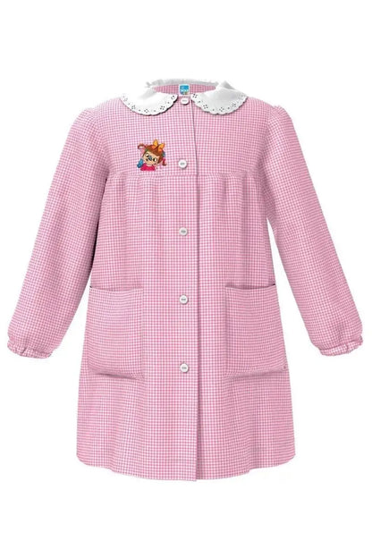 Grembiule asilo bambina con abbottonatura centrale Siggi ricamo Pippi a quadretti rosa 4173