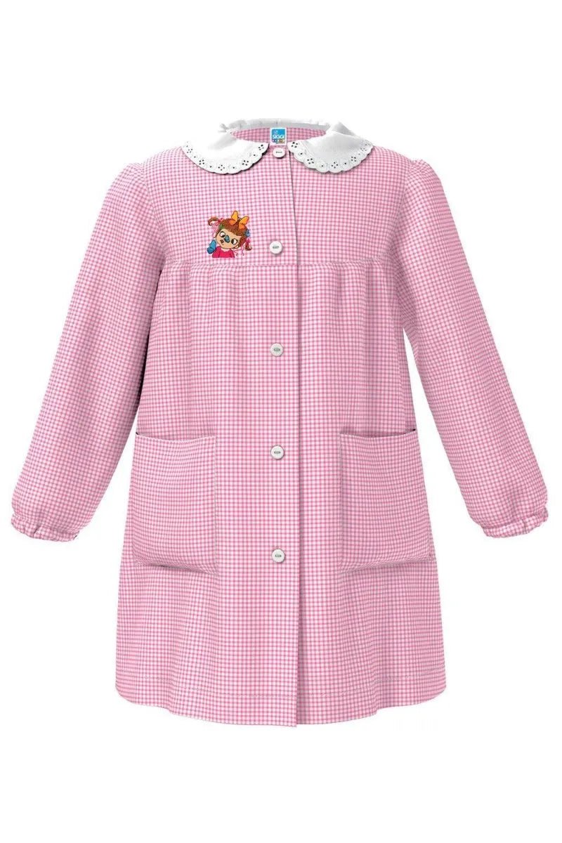 Grembiule asilo bambina con abbottonatura centrale Siggi ricamo Pippi a quadretti rosa 4173