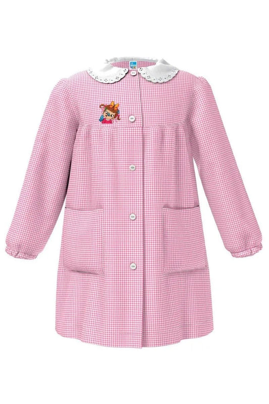 Grembiule asilo bambina con abbottonatura centrale Siggi ricamo Pippi a quadretti rosa 4173