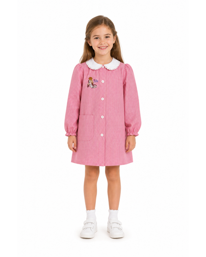 Grembiule asilo bambina con abbottonatura centrale Siggi ricamo Tutù a quadretti rosa 3882