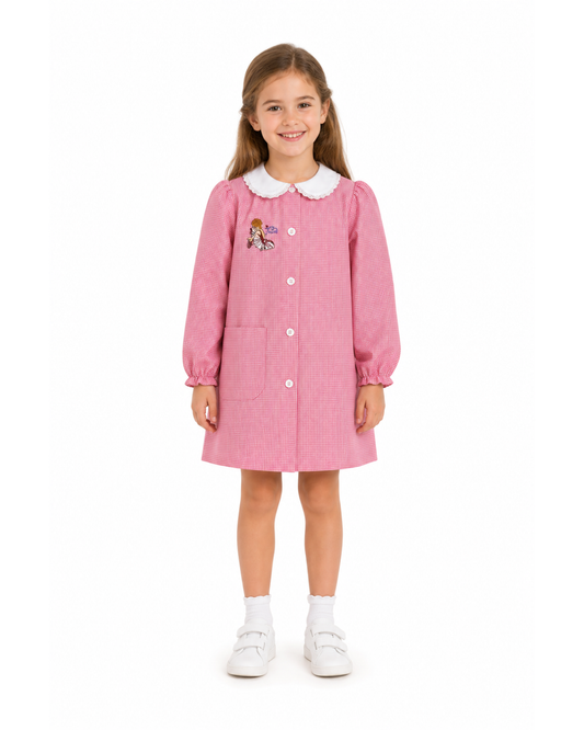 Grembiule asilo bambina con abbottonatura centrale Siggi ricamo Tutù a quadretti rosa 3882