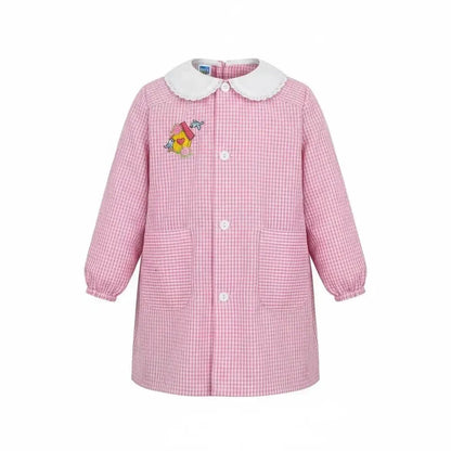 Grembiule asilo bambina con abbottonatura centrale Siggi ricamo casetta uccellini a quadretti rosa 3877