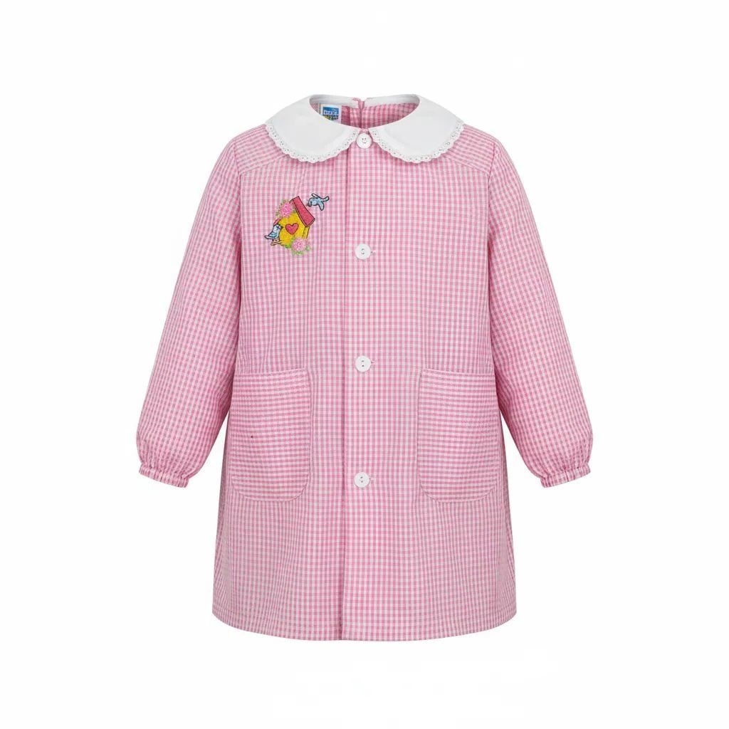 Grembiule asilo bambina con abbottonatura centrale Siggi ricamo casetta uccellini a quadretti rosa 3877