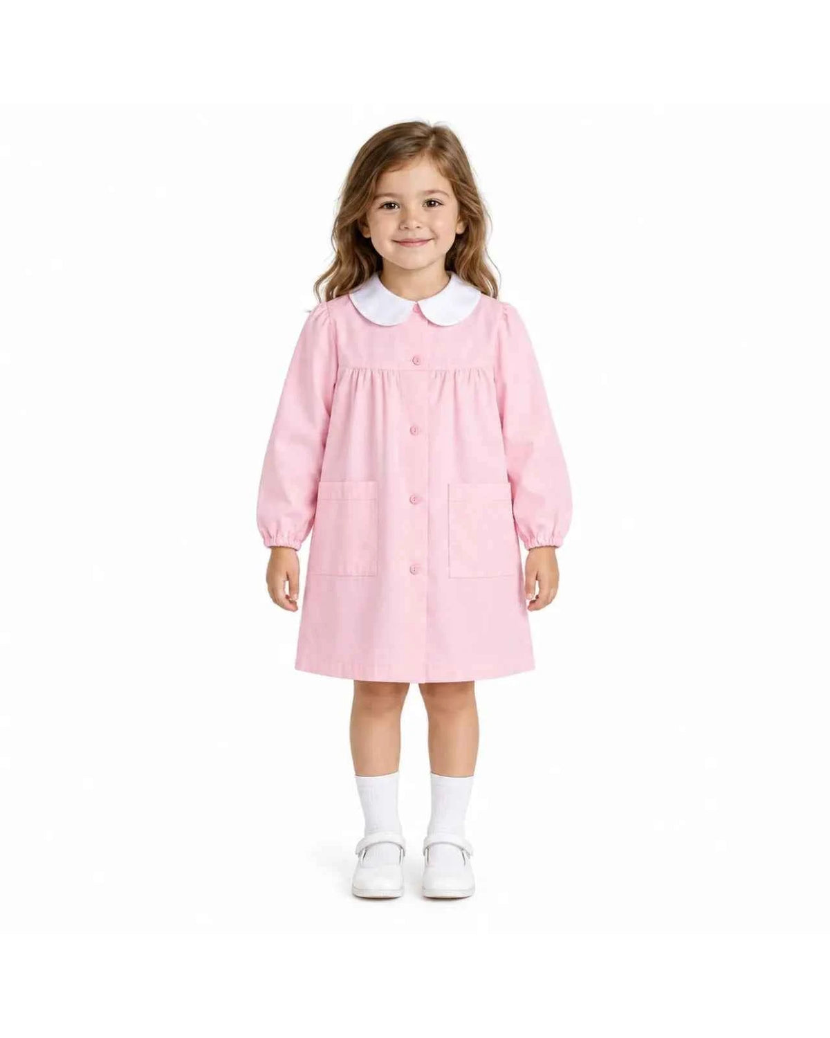 Grembiule asilo bambina con abbottonatura centrale Siggi senza ricamo tinta unita rosa 2887