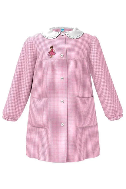 Grembiule asilo bambina con abbottonatura centrale centrale Siggi ricamo Ballerina a quadretti rosa 4034