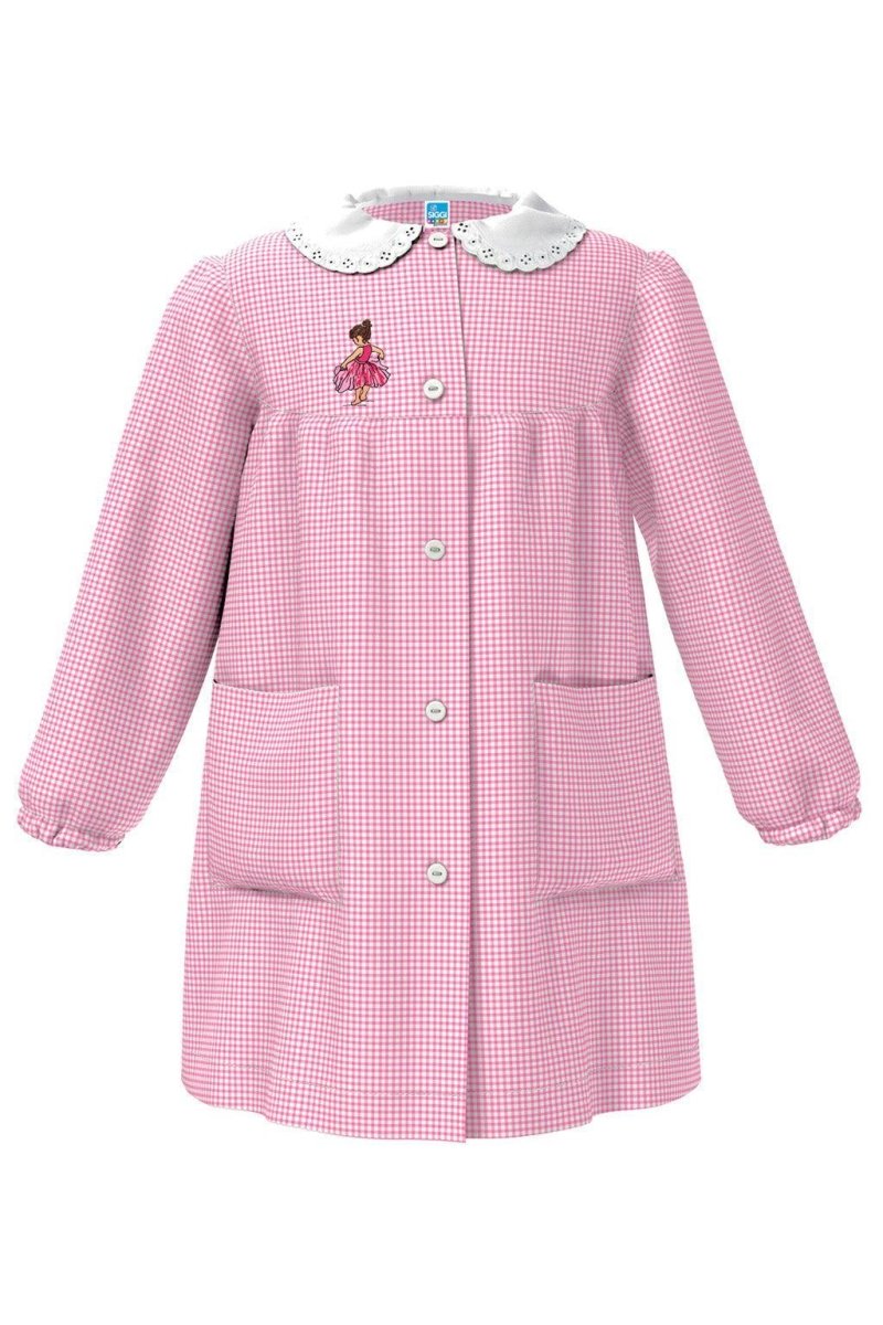 Grembiule asilo bambina con abbottonatura centrale centrale Siggi ricamo Ballerina a quadretti rosa 4034