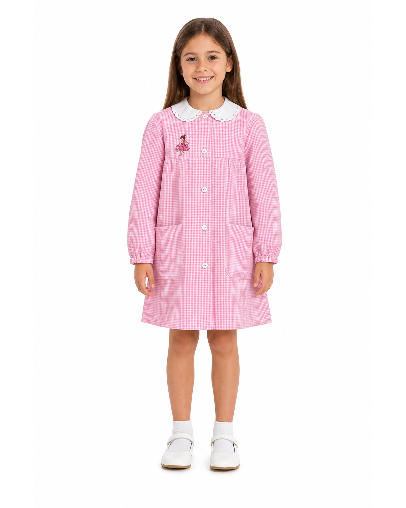 Grembiule asilo bambina con abbottonatura centrale centrale Siggi ricamo Ballerina a quadretti rosa 4034