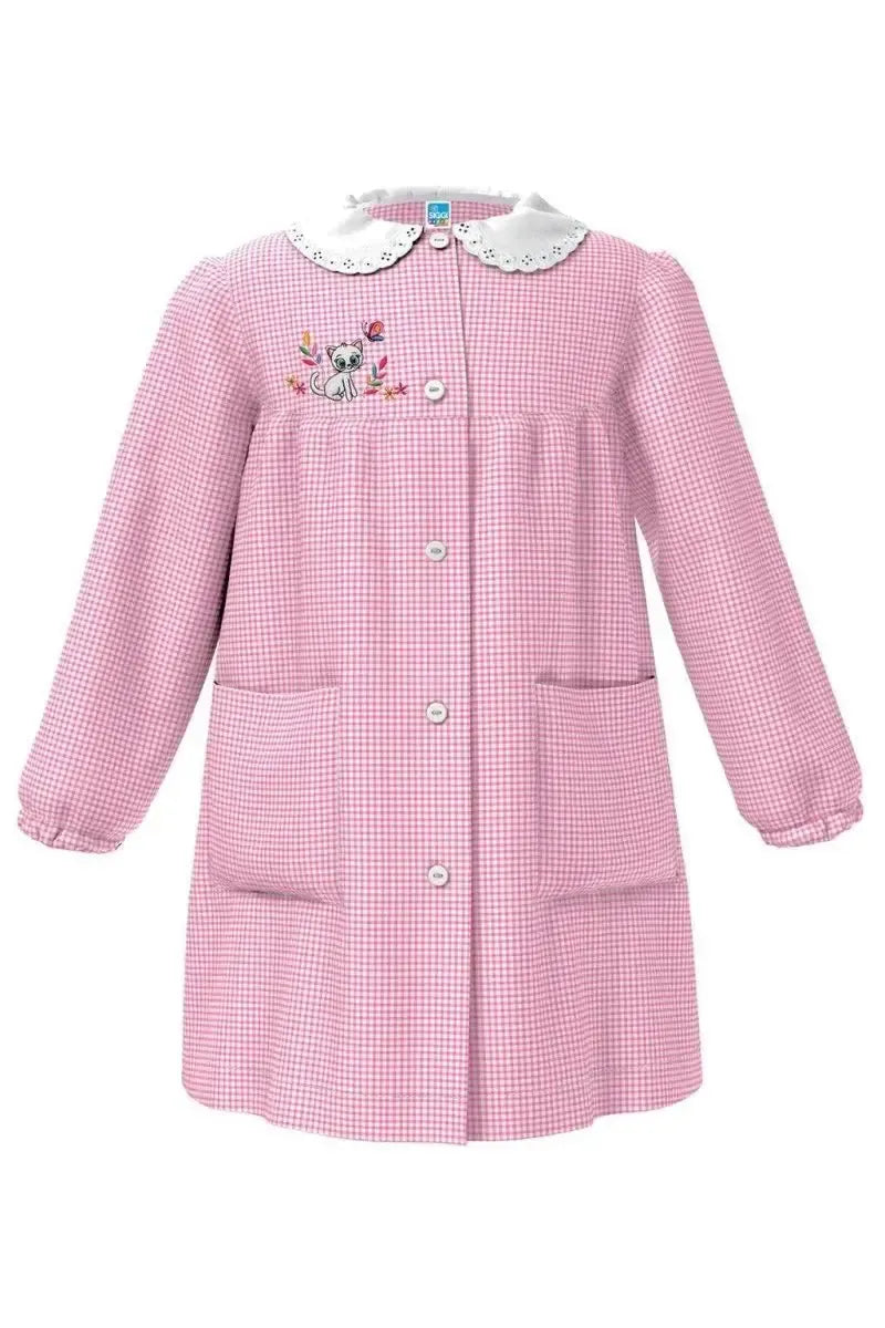 Grembiule asilo bambina con abbottonatura centrale centrale Siggi ricamo Gattino a quadretti rosa 4025